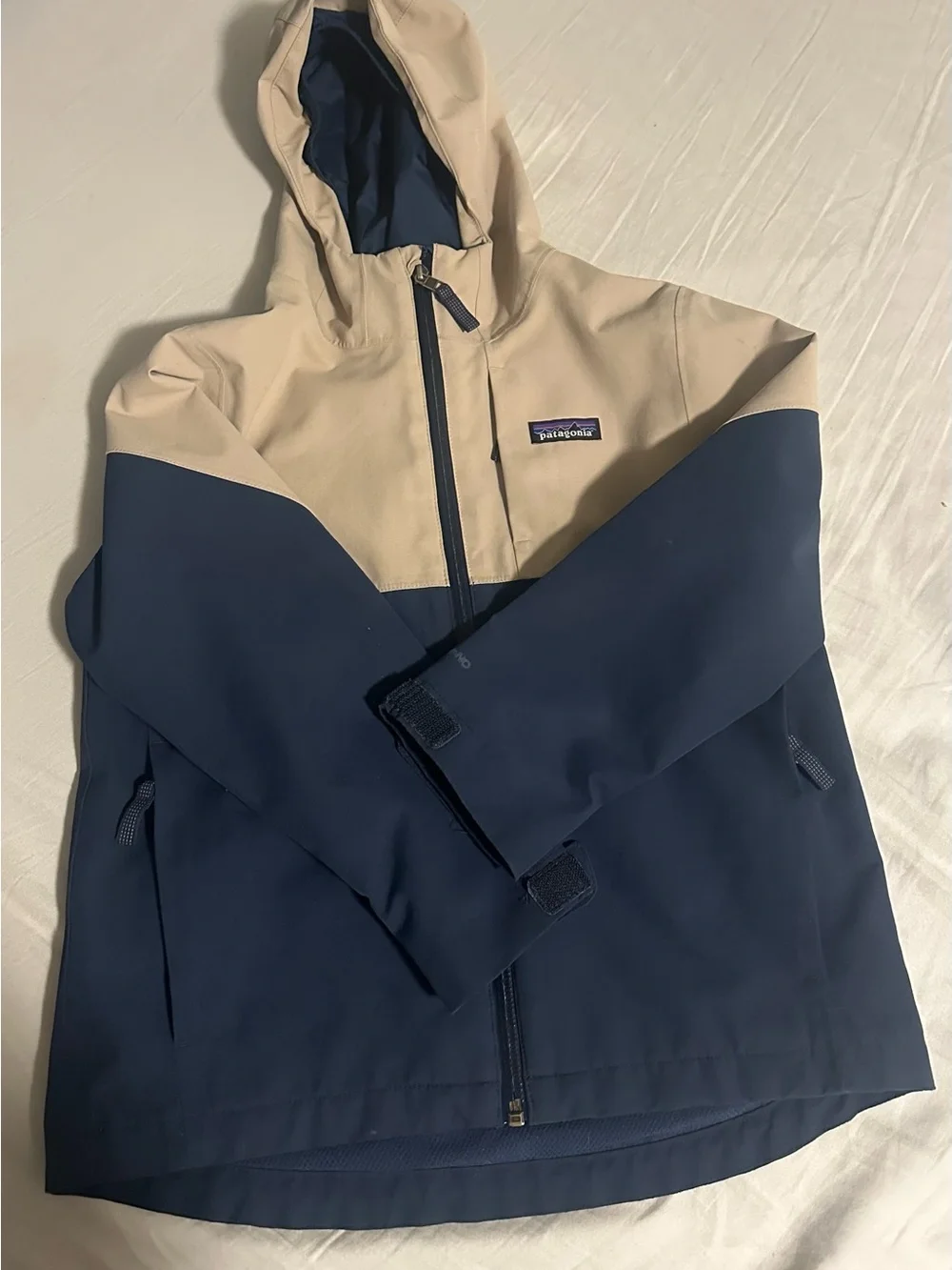 Patagonia Kids Two-Tone Hooded Rain Jacket - Tan & Navy
